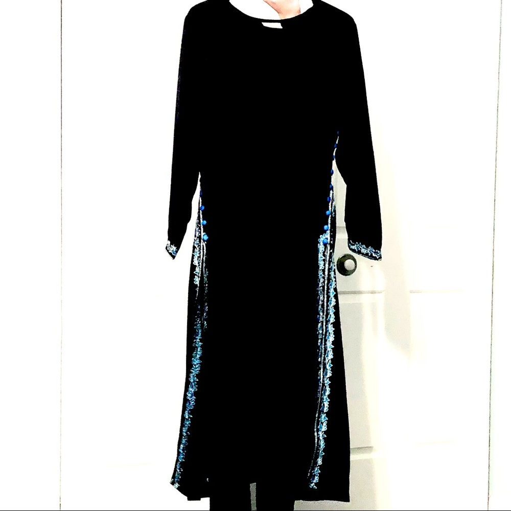2 Piece Pakistani Long Dress & Dupatta Black/Silver/Turquoise Blue Embroidered